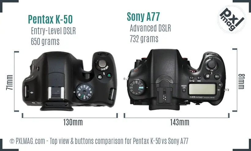 Pentax K-50 vs Sony A77 top view buttons comparison