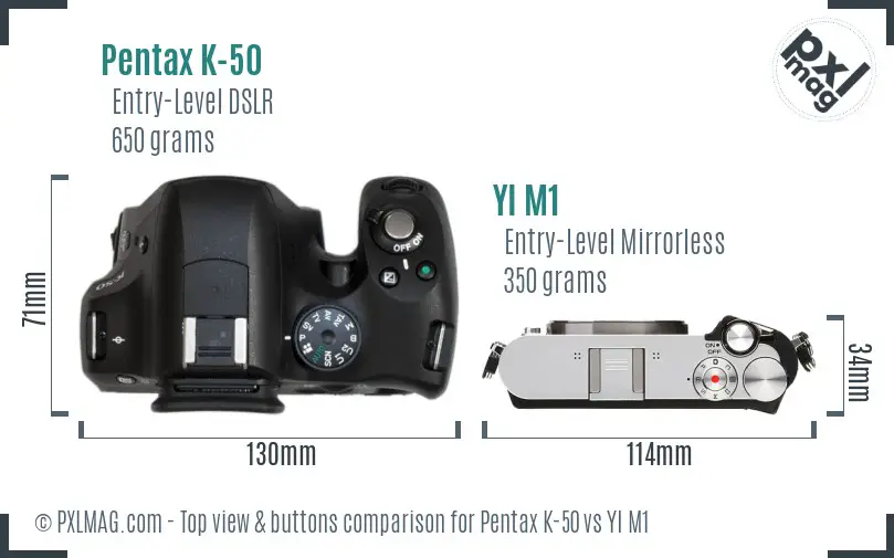 Pentax K-50 vs YI M1 top view buttons comparison