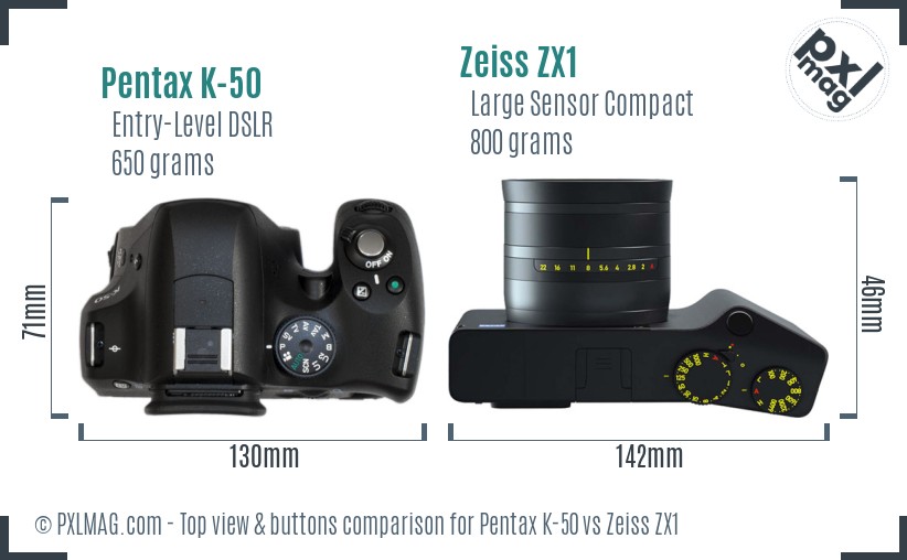 Pentax K-50 vs Zeiss ZX1 top view buttons comparison