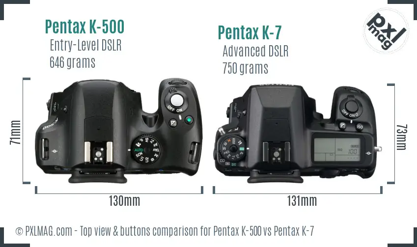 Pentax K-500 vs Pentax K-7 top view buttons comparison