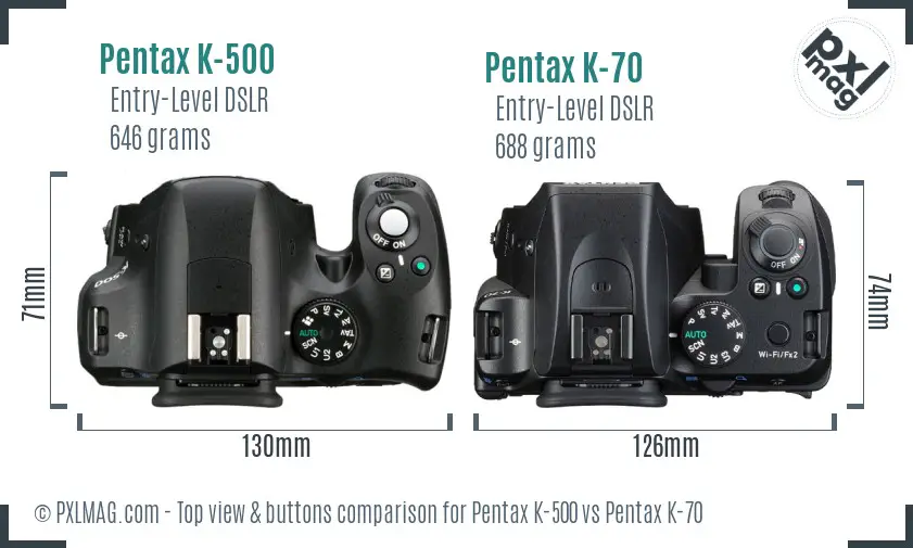 Pentax K-500 vs Pentax K-70 top view buttons comparison