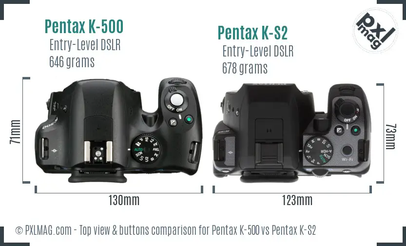 Pentax K-500 vs Pentax K-S2 top view buttons comparison