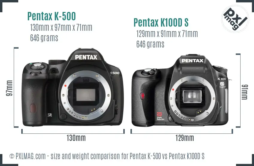 Pentax K-500 vs Pentax K100D S size comparison