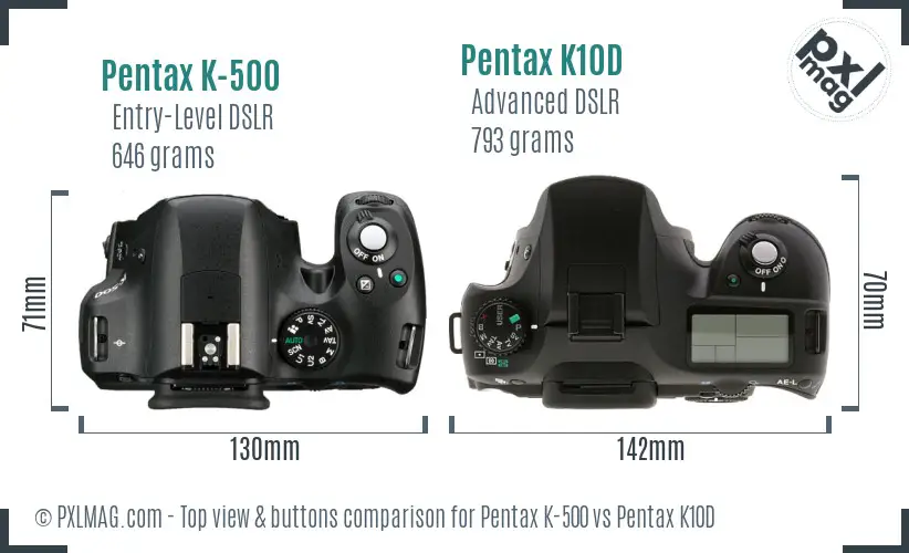Pentax K-500 vs Pentax K10D top view buttons comparison