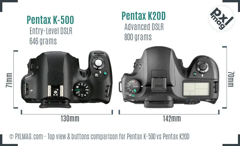 Pentax K-500 vs Pentax K20D top view buttons comparison