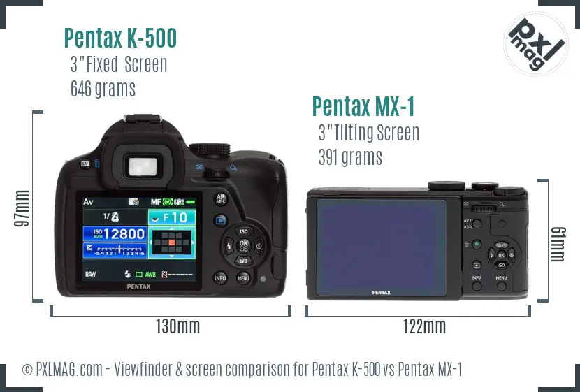 Pentax K-500 vs Pentax MX-1 Screen and Viewfinder comparison