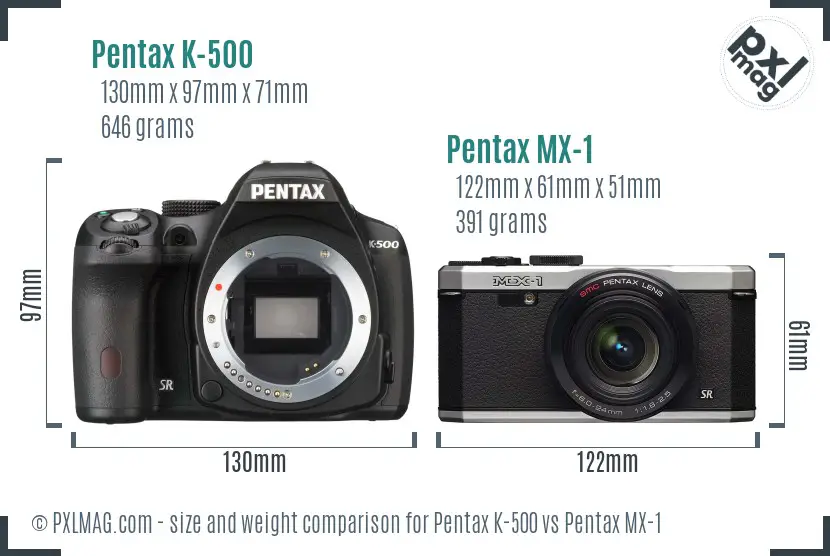 Pentax K-500 vs Pentax MX-1 size comparison