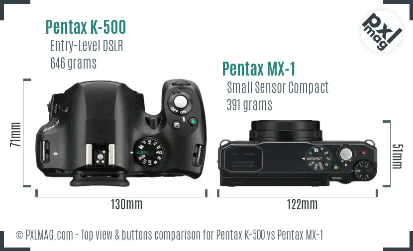 Pentax K-500 vs Pentax MX-1 top view buttons comparison