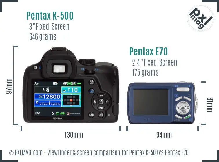Pentax K-500 vs Pentax E70 Screen and Viewfinder comparison