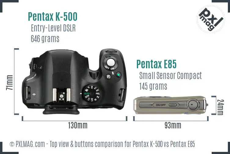 Pentax K-500 vs Pentax E85 top view buttons comparison