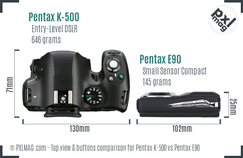 Pentax K-500 vs Pentax E90 top view buttons comparison