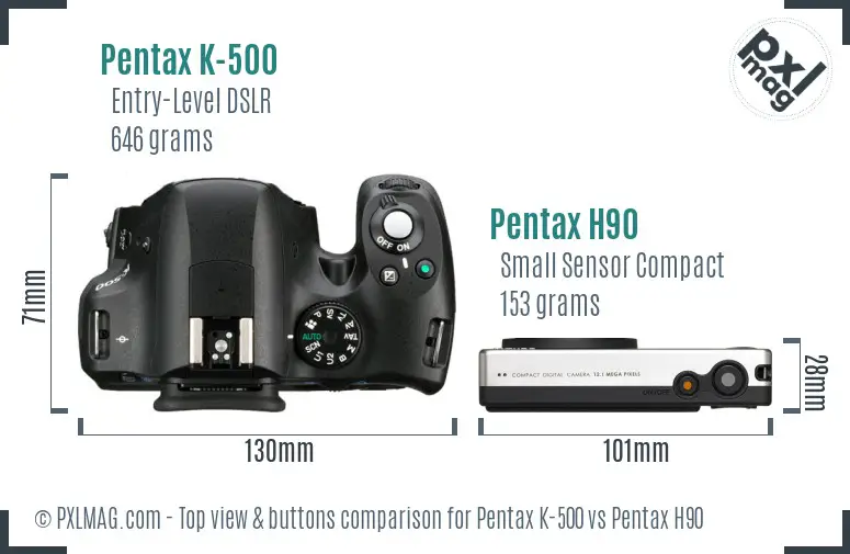 Pentax K-500 vs Pentax H90 top view buttons comparison