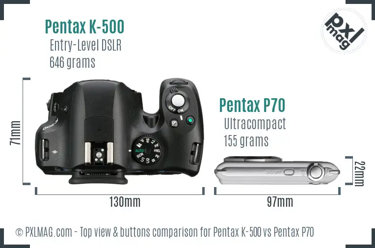 Pentax K-500 vs Pentax P70 top view buttons comparison