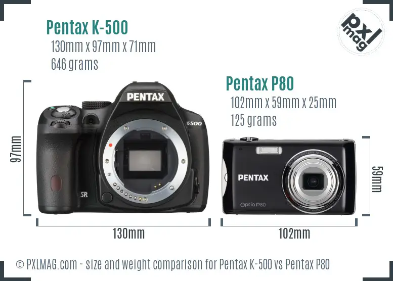 Pentax K-500 vs Pentax P80 size comparison