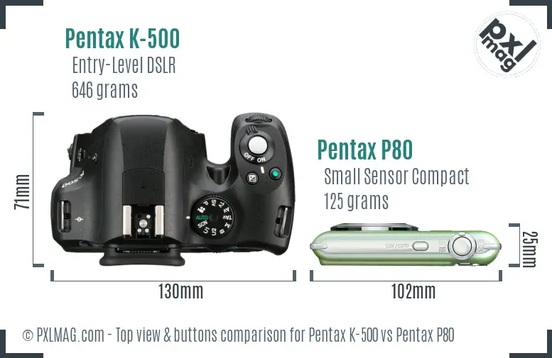 Pentax K-500 vs Pentax P80 top view buttons comparison