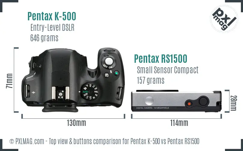 Pentax K-500 vs Pentax RS1500 top view buttons comparison