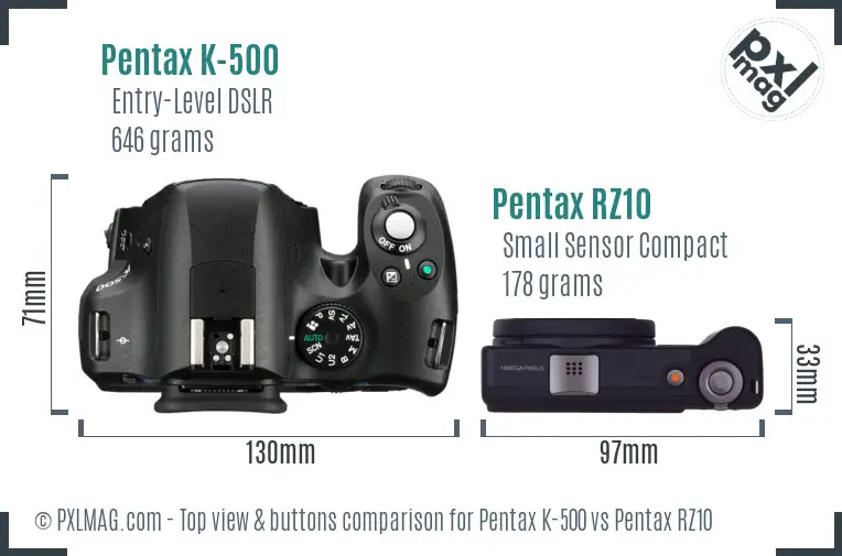 Pentax K-500 vs Pentax RZ10 top view buttons comparison