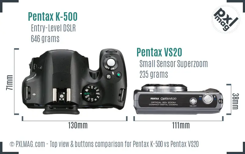 Pentax K-500 vs Pentax VS20 top view buttons comparison