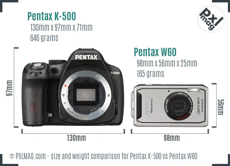 Pentax K-500 vs Pentax W60 size comparison