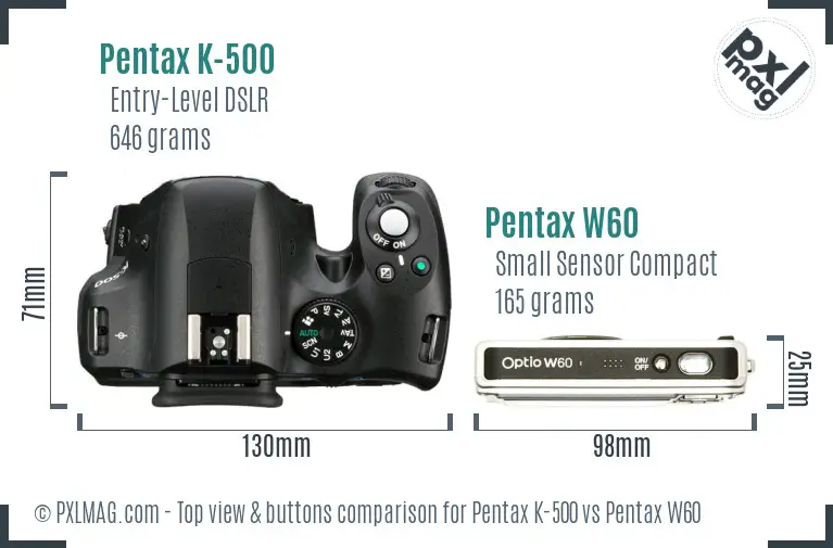 Pentax K-500 vs Pentax W60 top view buttons comparison