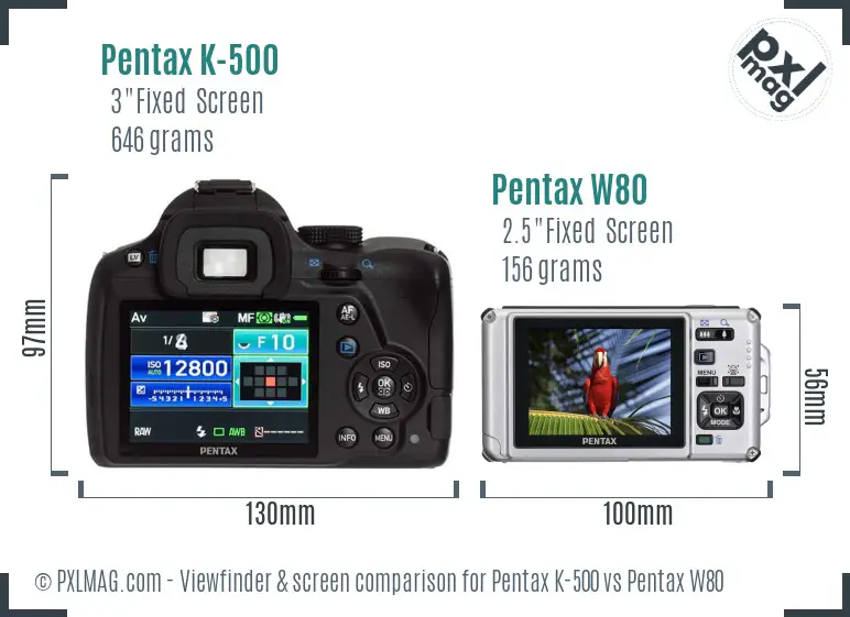 Pentax K-500 vs Pentax W80 Screen and Viewfinder comparison