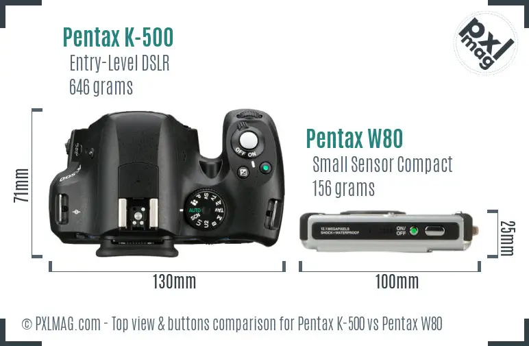 Pentax K-500 vs Pentax W80 top view buttons comparison