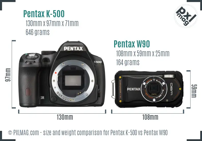Pentax K-500 vs Pentax W90 size comparison