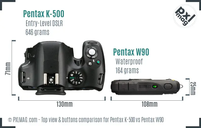 Pentax K-500 vs Pentax W90 top view buttons comparison