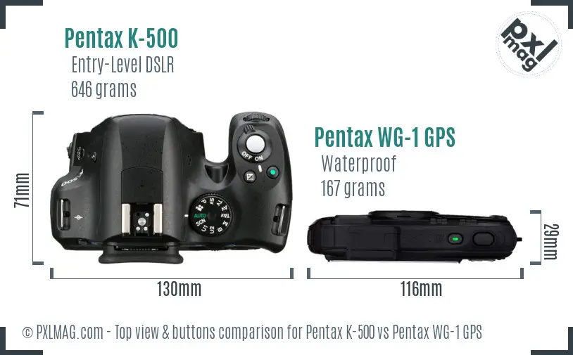 Pentax K-500 vs Pentax WG-1 GPS top view buttons comparison