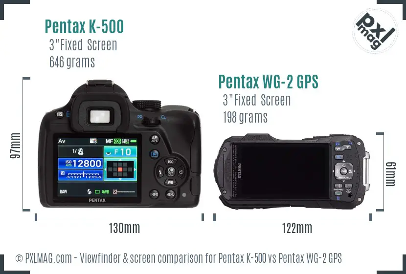 Pentax K-500 vs Pentax WG-2 GPS Screen and Viewfinder comparison