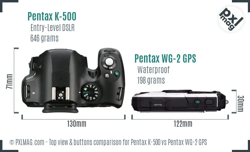 Pentax K-500 vs Pentax WG-2 GPS top view buttons comparison