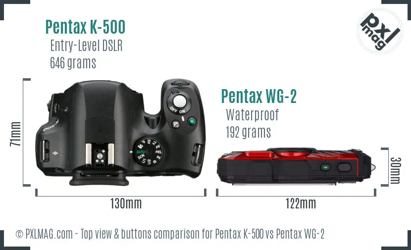 Pentax K-500 vs Pentax WG-2 top view buttons comparison