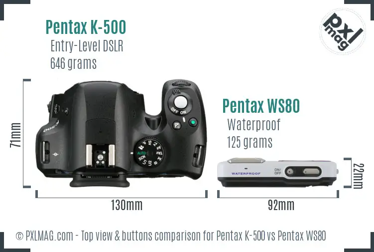 Pentax K-500 vs Pentax WS80 top view buttons comparison