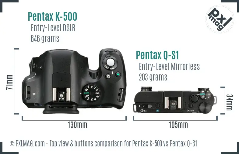 Pentax K-500 vs Pentax Q-S1 top view buttons comparison