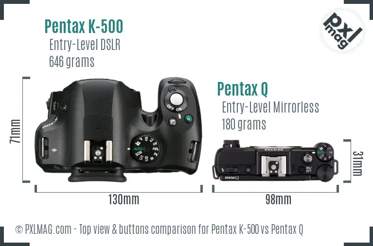 Pentax K-500 vs Pentax Q top view buttons comparison