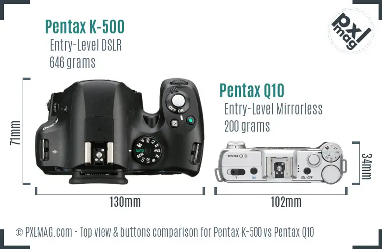 Pentax K-500 vs Pentax Q10 top view buttons comparison