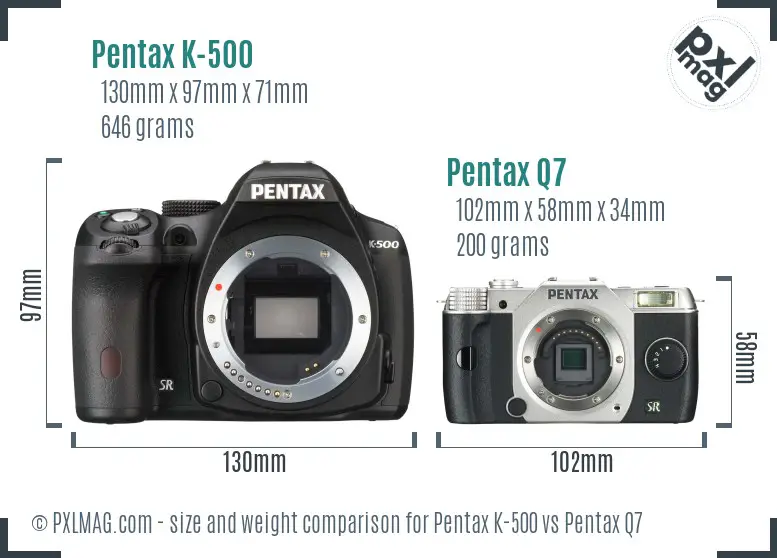 Pentax K-500 vs Pentax Q7 size comparison Pentax K-500 vs Pentax Q7 size comparison