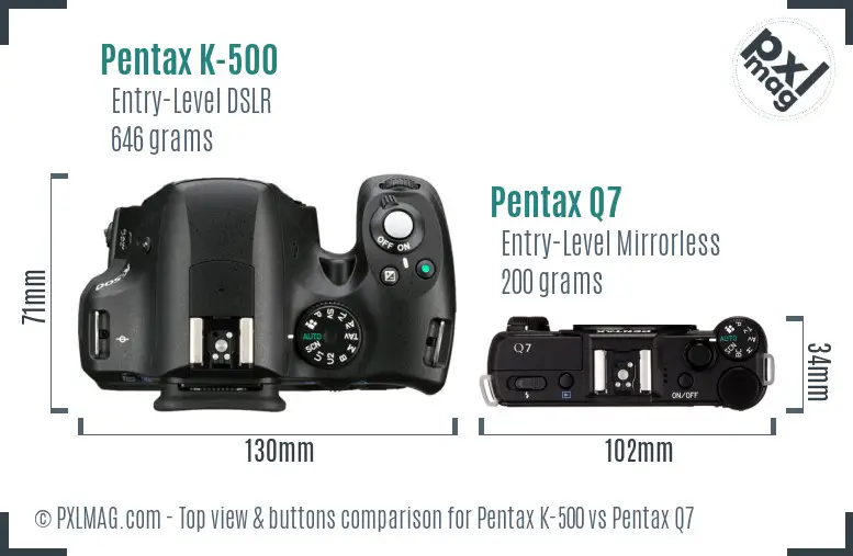 Pentax K-500 vs Pentax Q7 top view buttons comparison Pentax K-500 vs Pentax Q7 top view buttons comparison