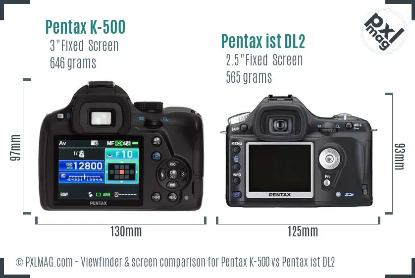 Pentax K-500 vs Pentax ist DL2 Screen and Viewfinder comparison