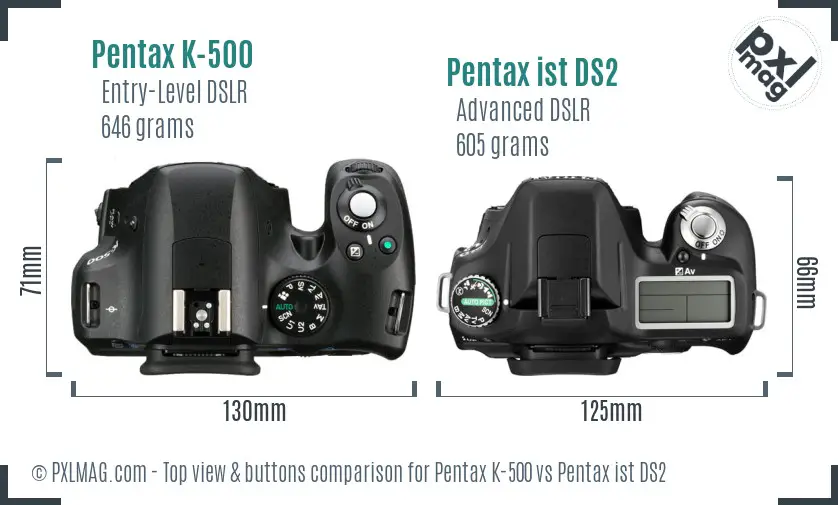 Pentax K-500 vs Pentax ist DS2 top view buttons comparison