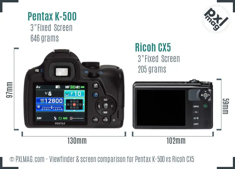 Pentax K-500 vs Ricoh CX5 Screen and Viewfinder comparison