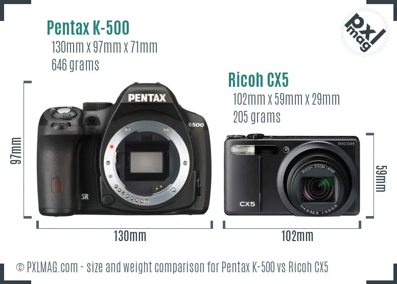 Pentax K-500 vs Ricoh CX5 size comparison