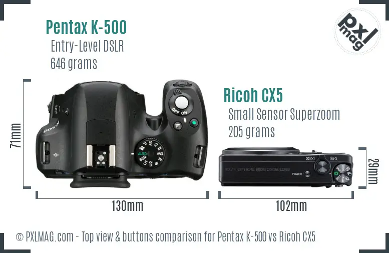 Pentax K-500 vs Ricoh CX5 top view buttons comparison
