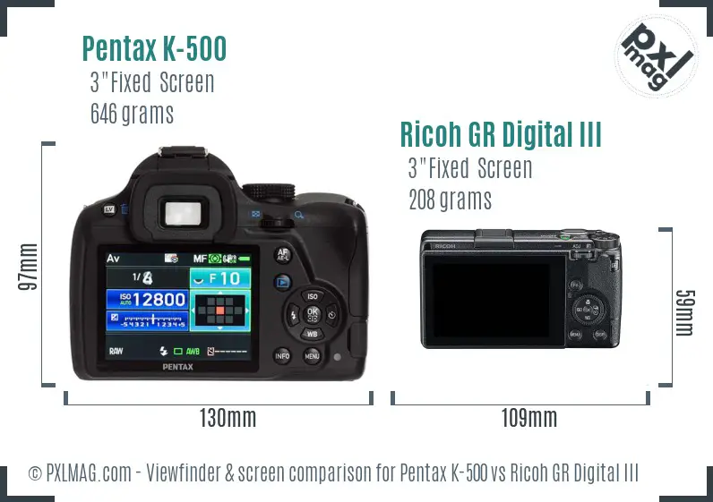 Pentax K-500 vs Ricoh GR Digital III Screen and Viewfinder comparison