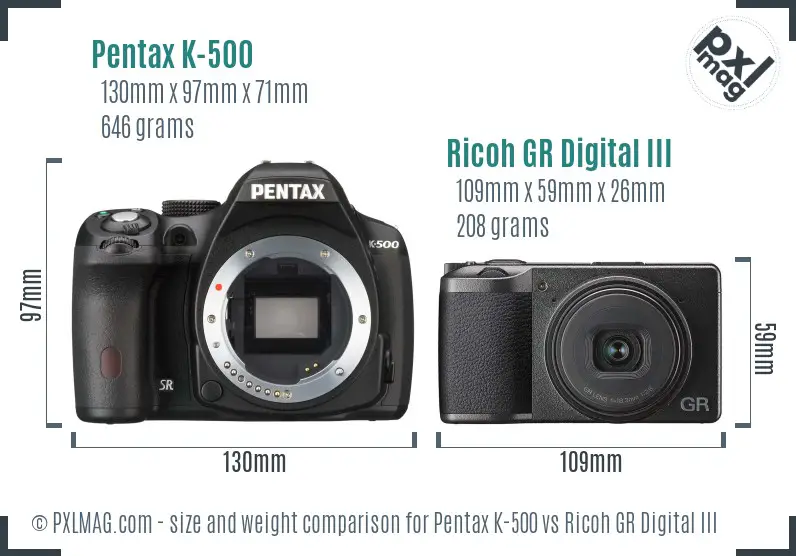 Pentax K-500 vs Ricoh GR Digital III size comparison