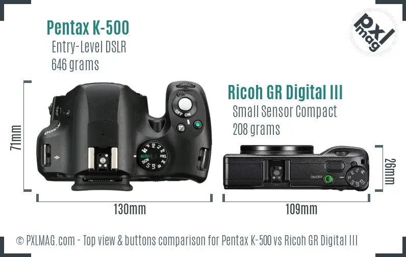 Pentax K-500 vs Ricoh GR Digital III top view buttons comparison