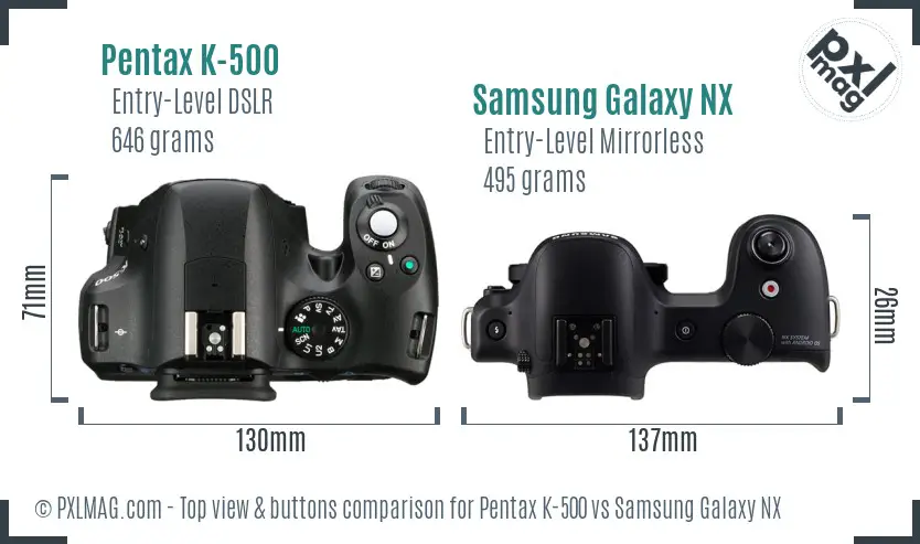 Pentax K-500 vs Samsung Galaxy NX top view buttons comparison