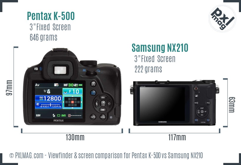 Pentax K-500 vs Samsung NX210 Screen and Viewfinder comparison