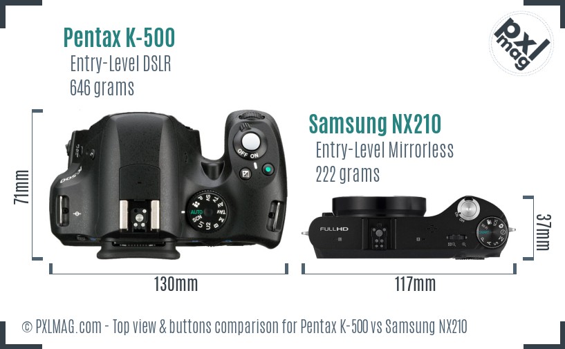 Pentax K-500 vs Samsung NX210 top view buttons comparison