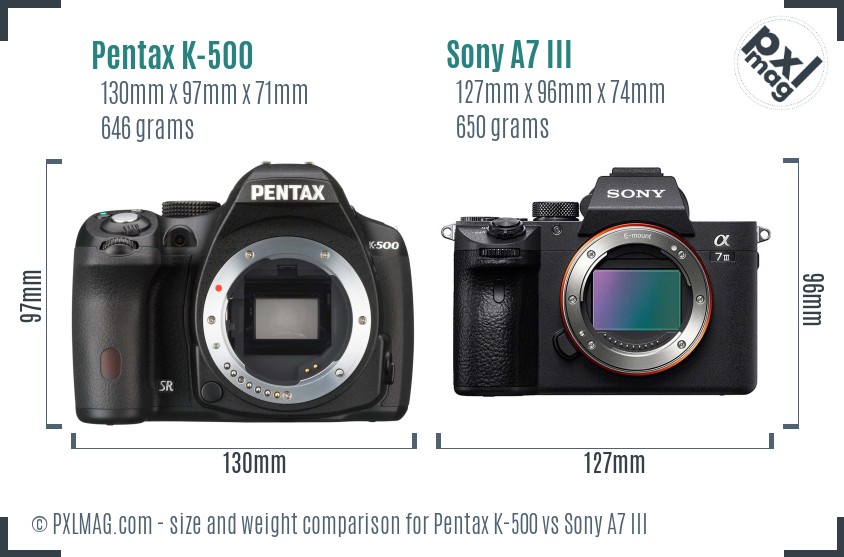 Pentax K-500 vs Sony A7 III size comparison